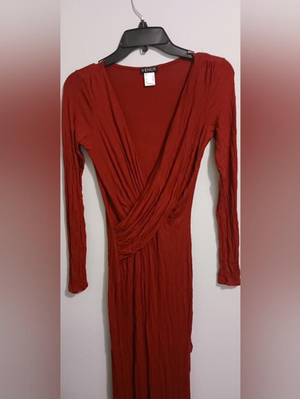 Venus Burgundy Red Long Sleeve Plunge Faux Wrap Side Slit Maxi Dress XS - Picture 6 of 6